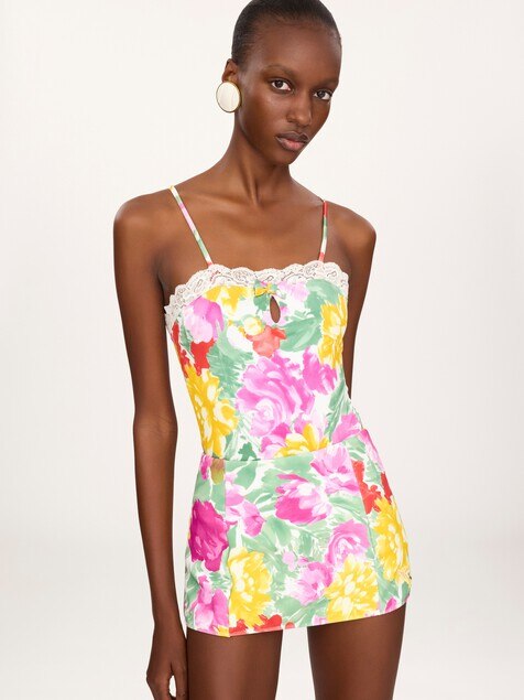 Garden-print high-waisted swim skirt