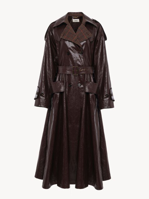 Manteau cavalier long crois&eacute; en lin enduit