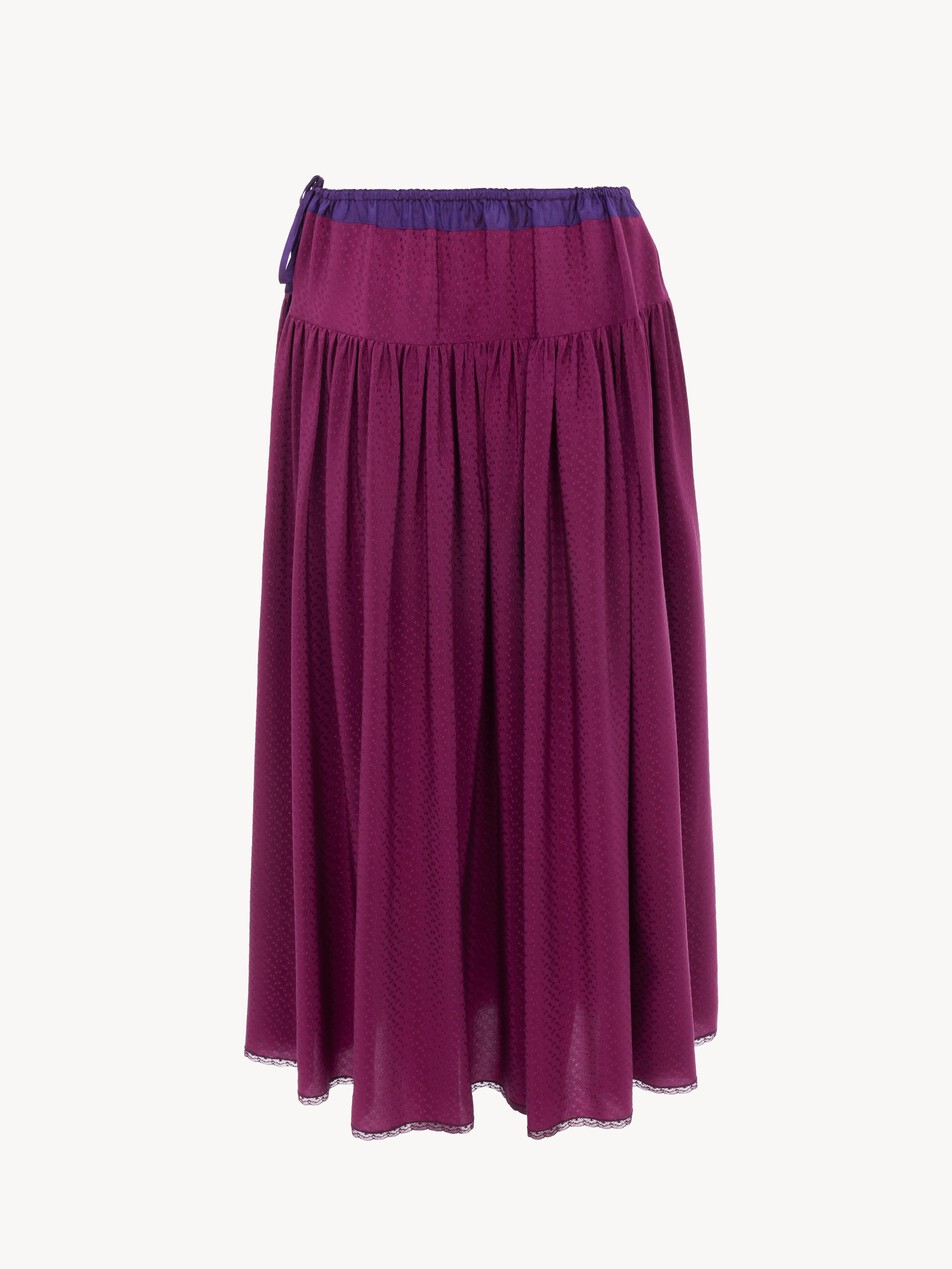 Gathered long skirt in silk jacquard & lace