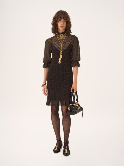 Mini robe manches bouffantes &agrave; volants en maille lurex