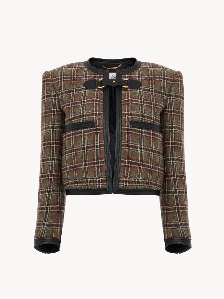 Collarless cropped boxy jacket in check wool