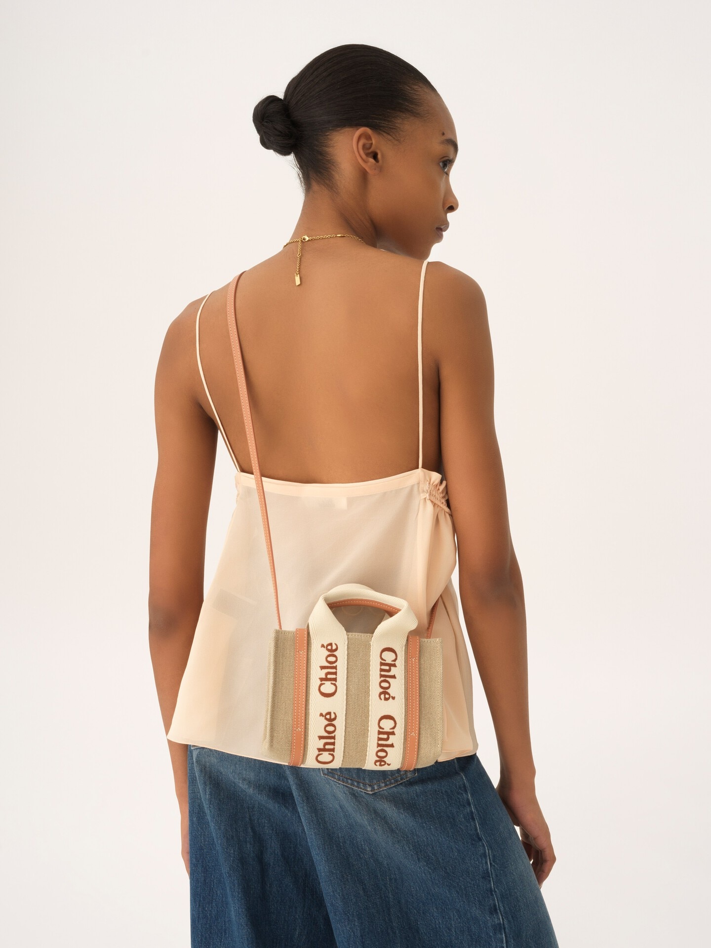 Mini Woody tote bag in linen & leather - 3