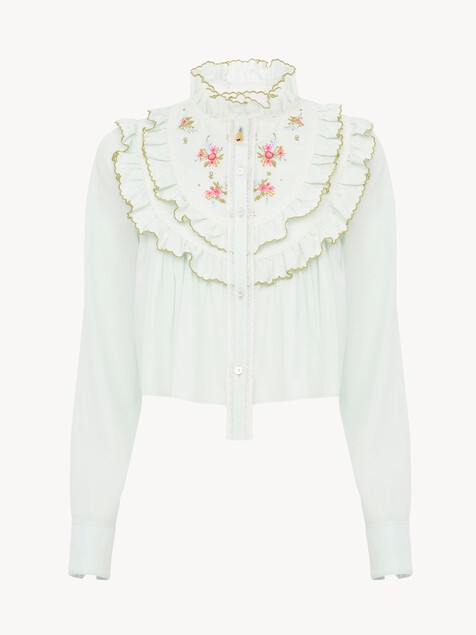 Cropped ruffled blouse in silk & cotton poplin