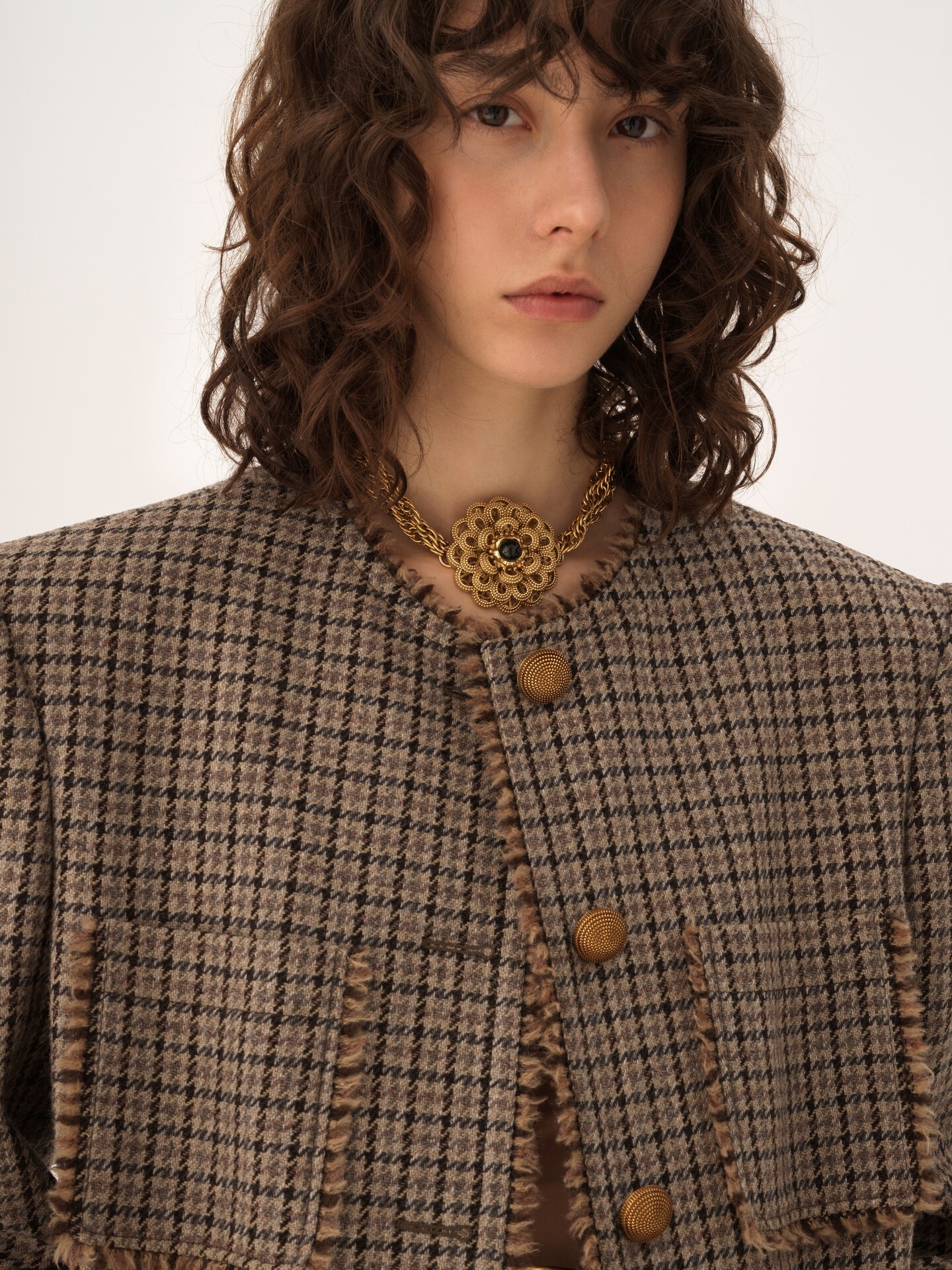 Single-breasted collarless coat in houndstooth wool - 6