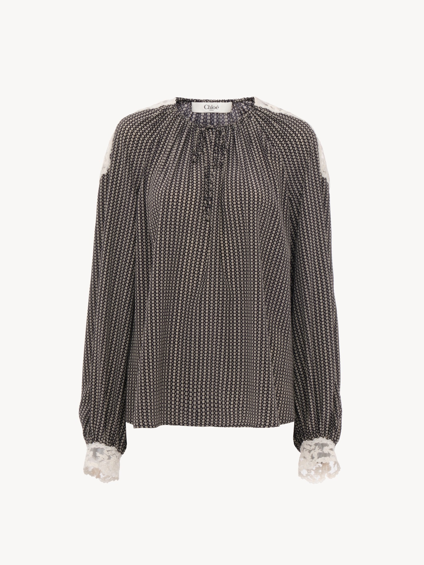 Open-neck top in cr&ecirc;pe de chine & lace - 1