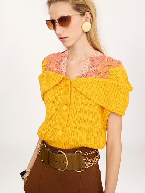 Cardigan cape en maille de coton et dentelle