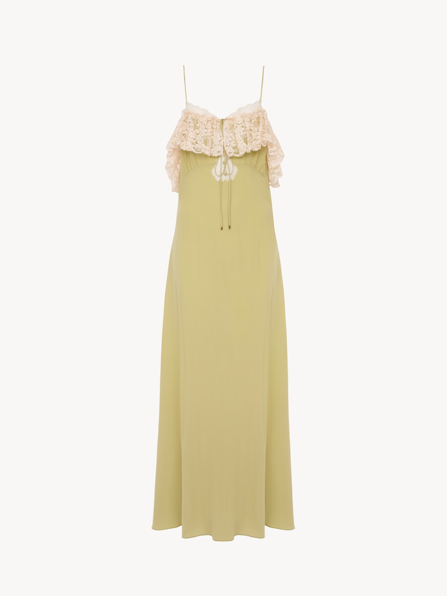Robe longue &agrave; fines bretelles en cr&ecirc;pe de chine et dentelle - 2