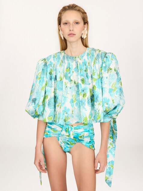 Gathered cropped top in silk jacquard