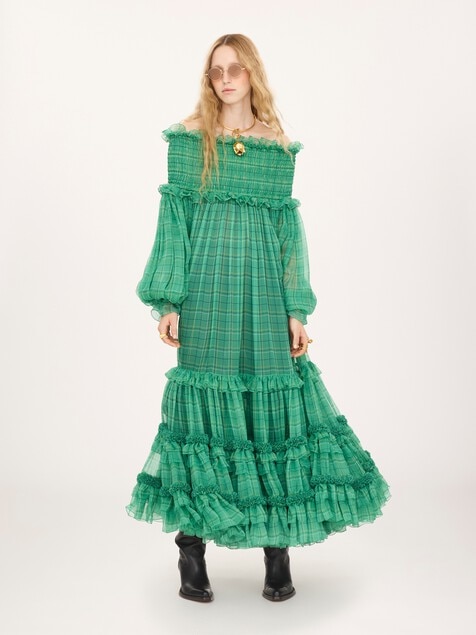Off-the-shoulder long dress in check silk mousseline