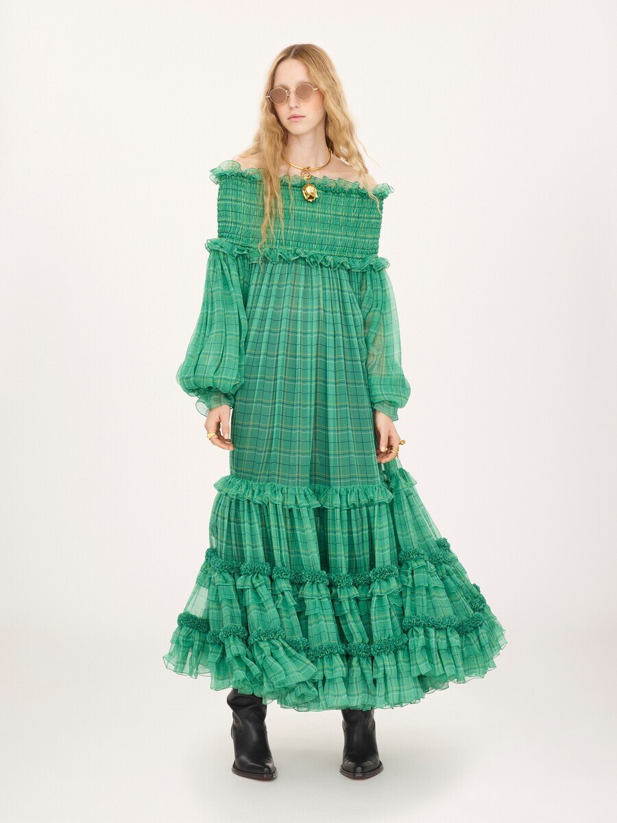 Off-the-shoulder long dress in check silk mousseline - 3