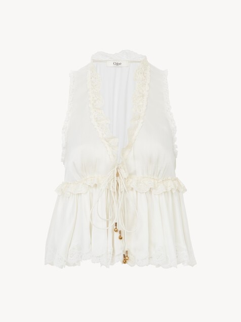 Tie-front sleeveless top in washed silk satin & lace