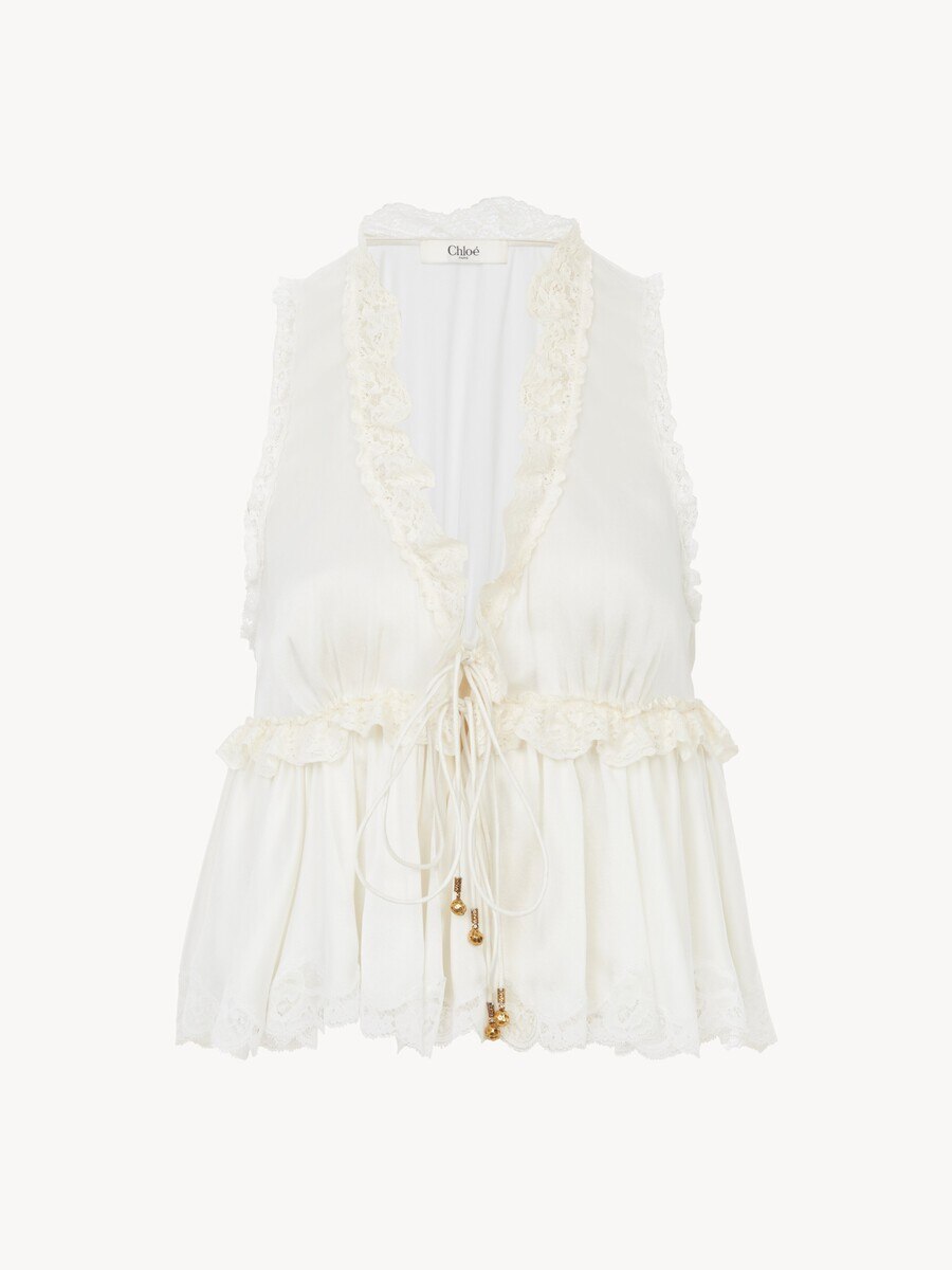 Tie-front sleeveless top in washed silk satin & lace - 2