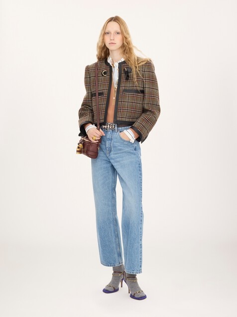 Veste courte droite sans col en laine &agrave; carreaux