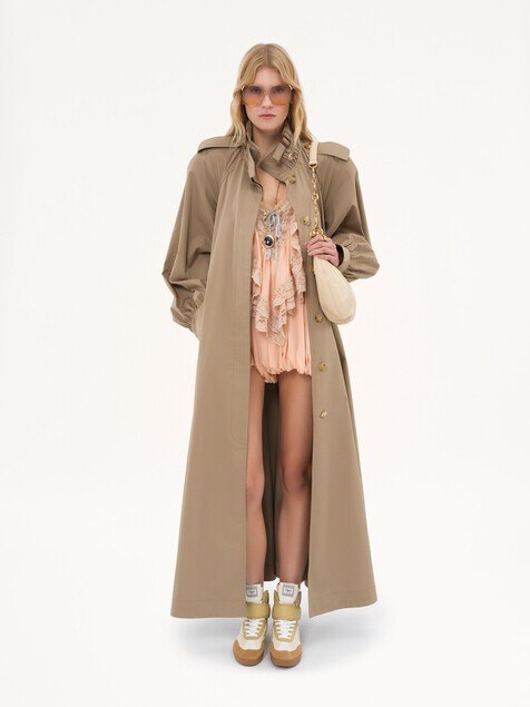 High-neck long trench coat in cotton gabardine