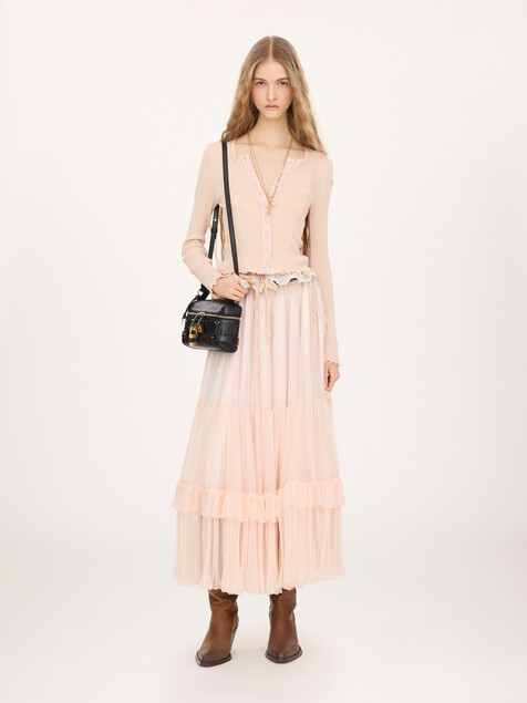 Ruffled long skirt in silk mousseline