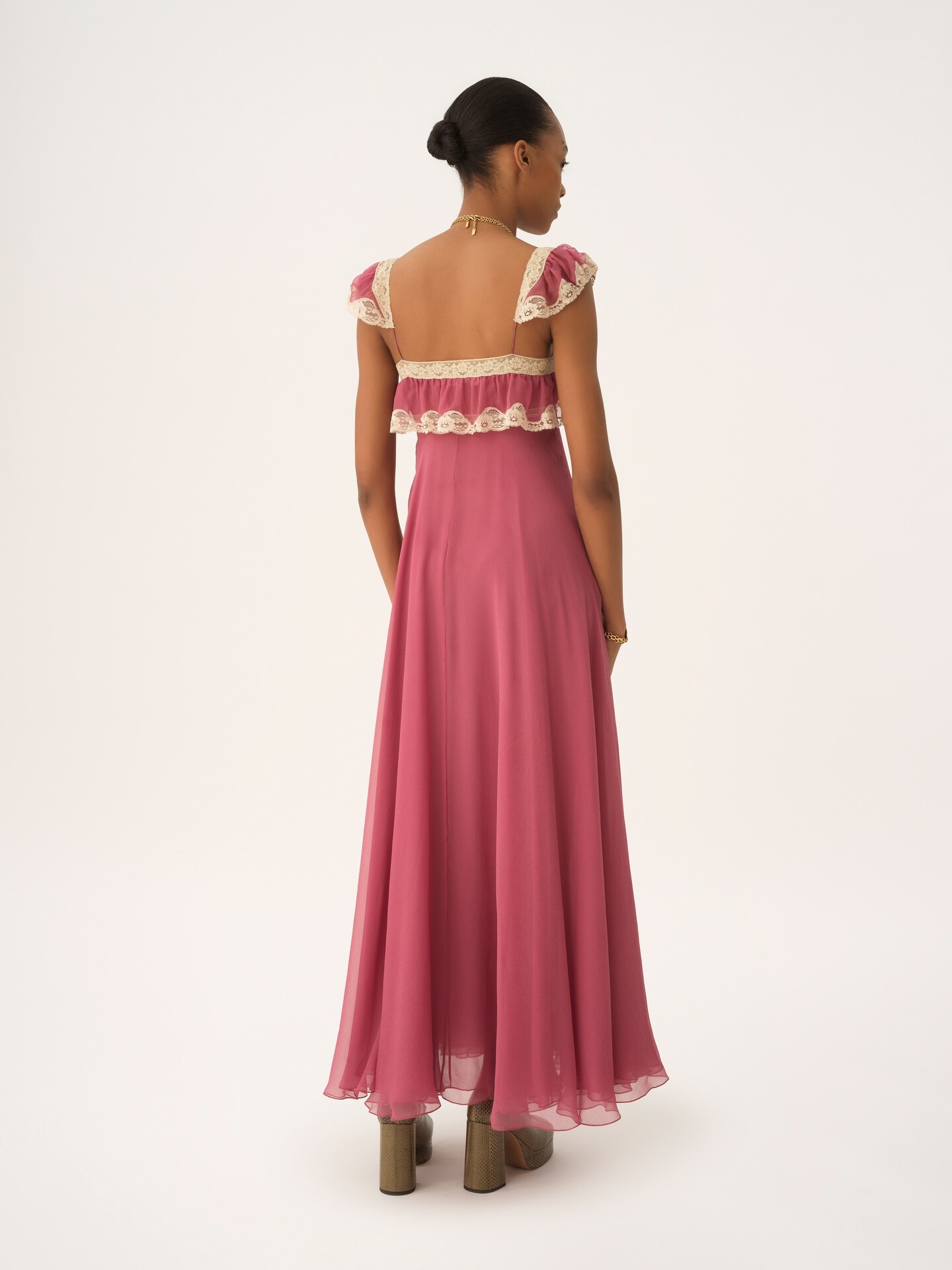 Fluid long dress in silk mousseline & lace - 6