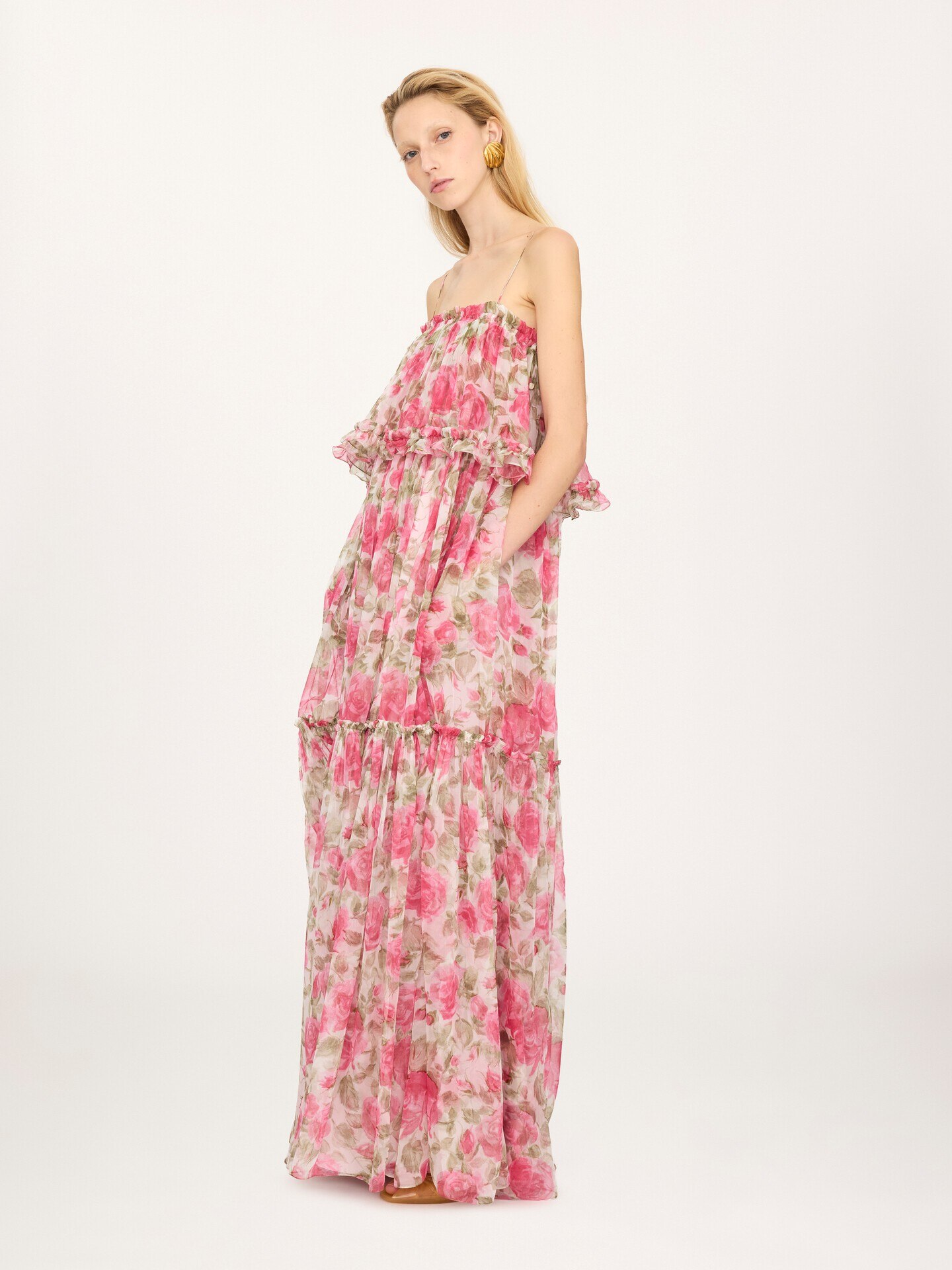 Robe longue &agrave; fines bretelles en mousseline de soie - 6