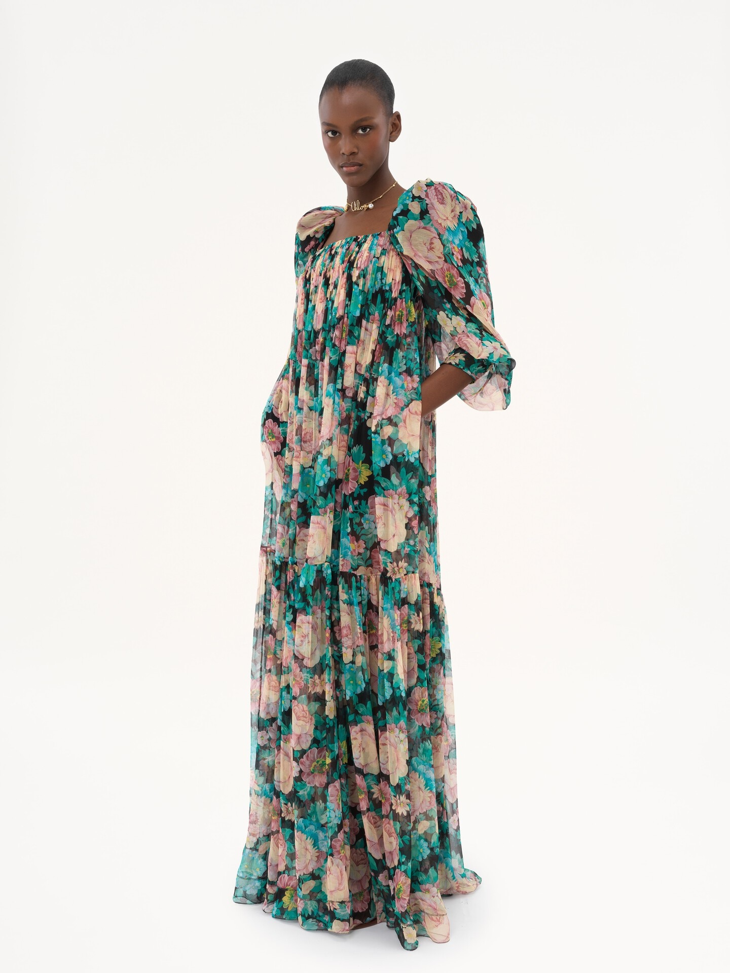 Puff-sleeve long dress in silk mousseline - 5