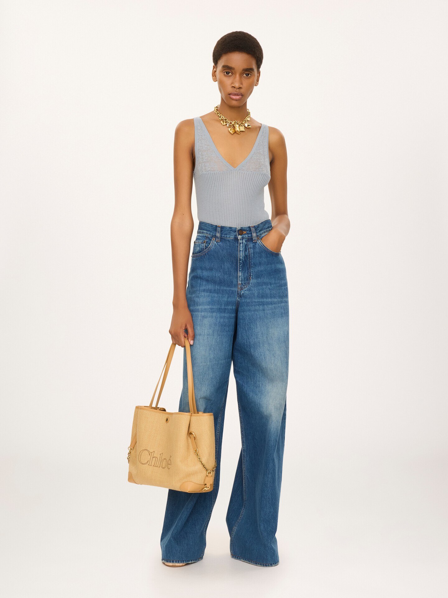 Chlo&eacute; Clover double carry bag in raffia-effect fibers - 7.0