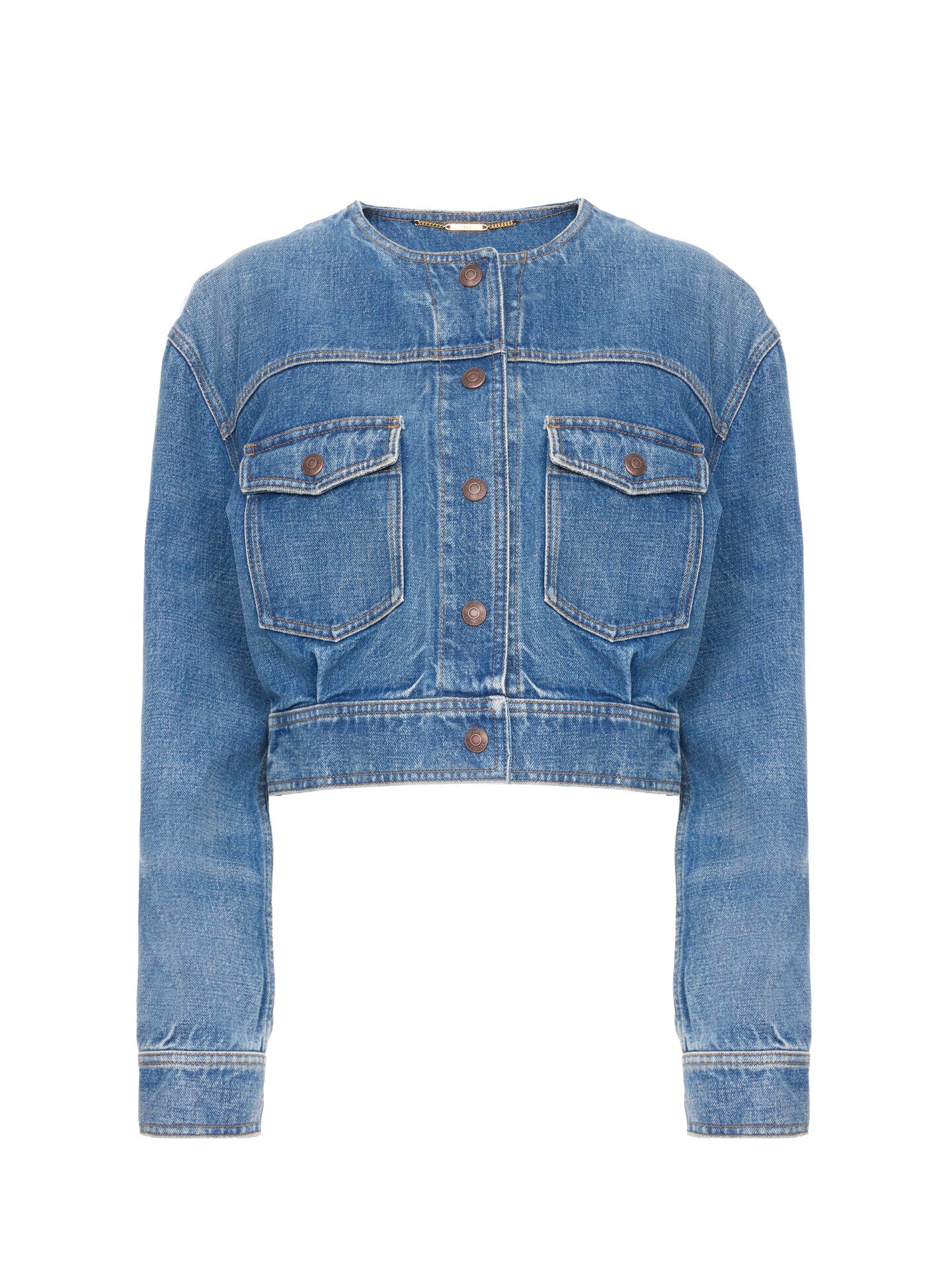 Collarless cropped jacket in denim