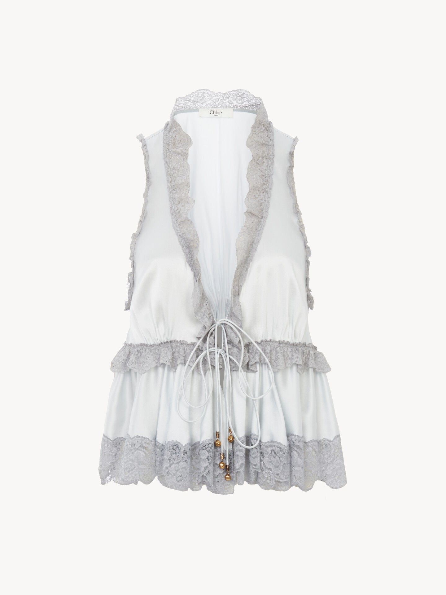 Tie-front sleeveless top in washed silk satin & lace - 2.0