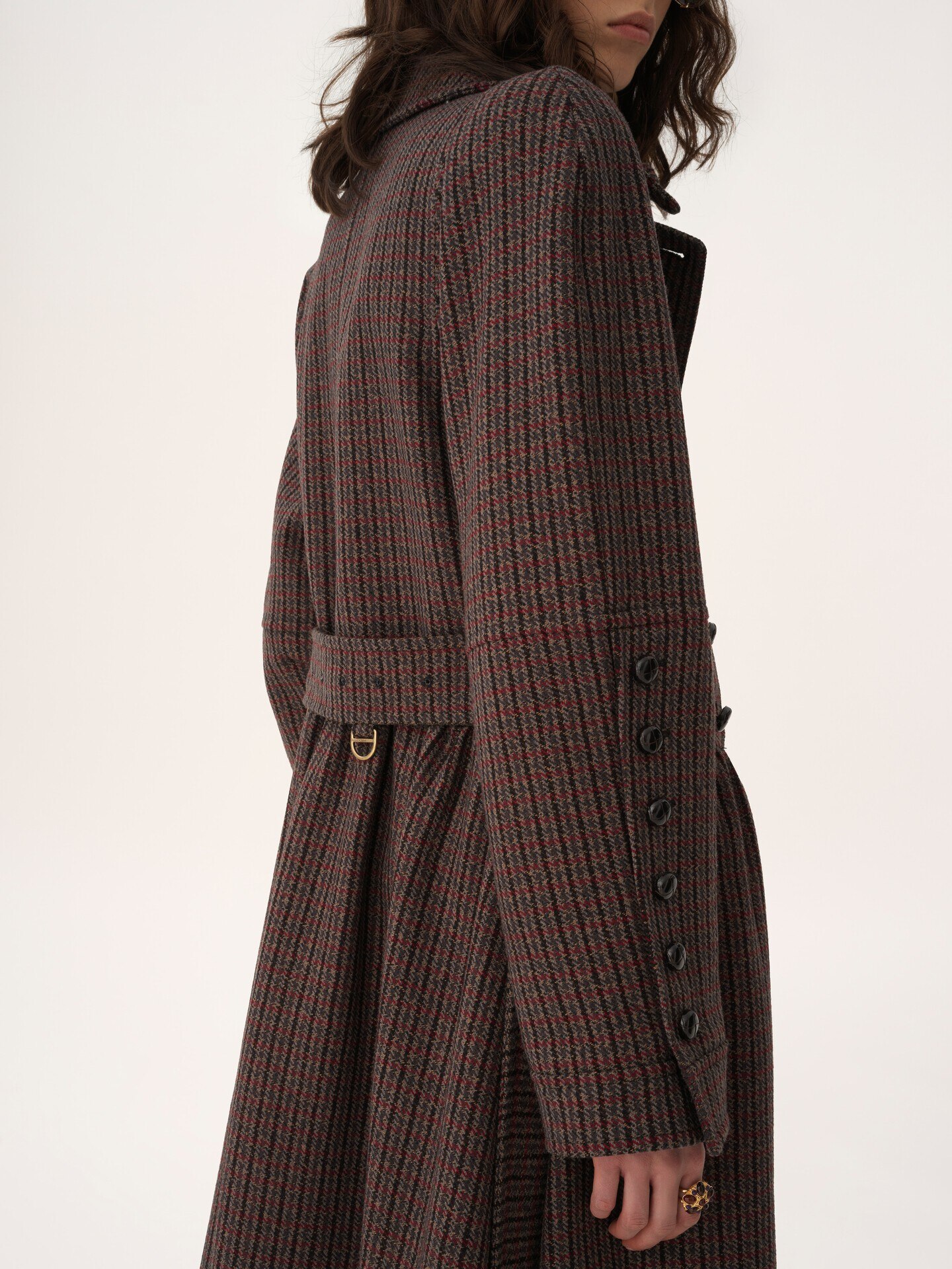 Double-breasted riding coat in houndstooth wool Grey - Red - Chloé