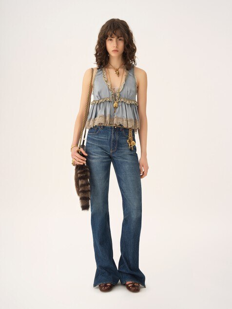 Top senza maniche con nastri sul davanti in satin di seta slavato e pizzo