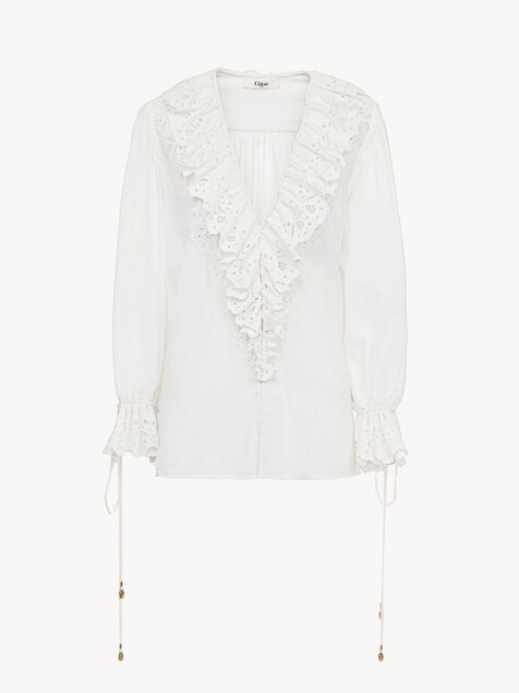 Puff-sleeve V-neck top in cotton voile