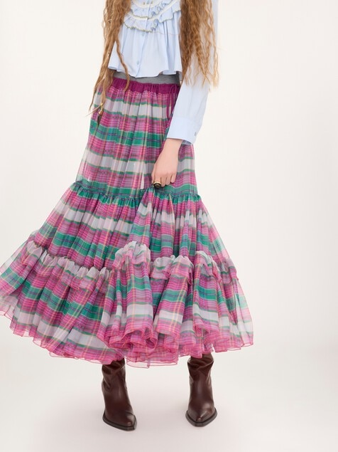 Ruffled long skirt in check silk mousseline