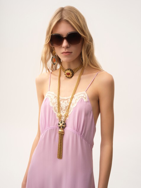 Thin-strap midi dress in cr&ecirc;pe de chine & lace