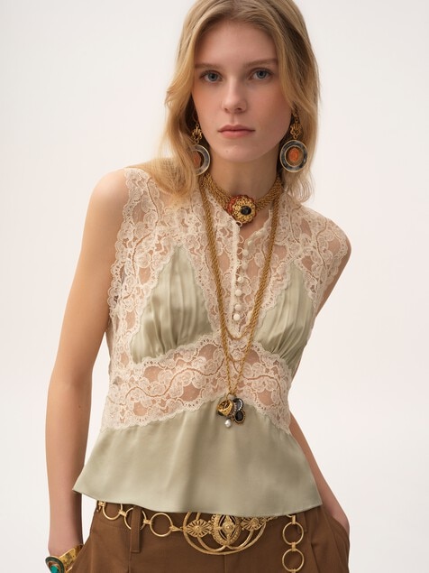 V-neck top in silk satin & lace