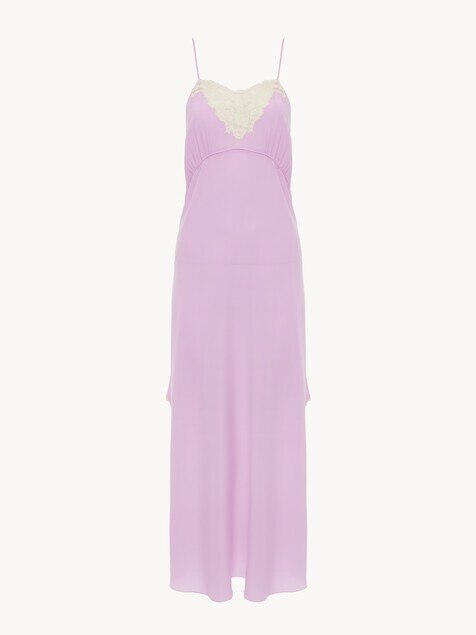 Thin-strap midi dress in cr&ecirc;pe de chine & lace