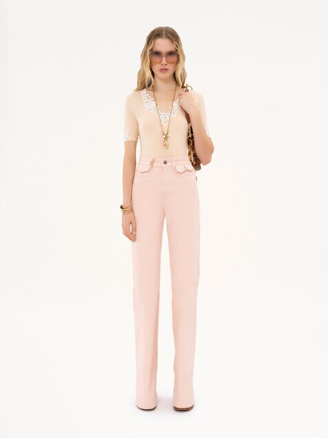 Fitted short-sleeve top in guipure lace wool knit