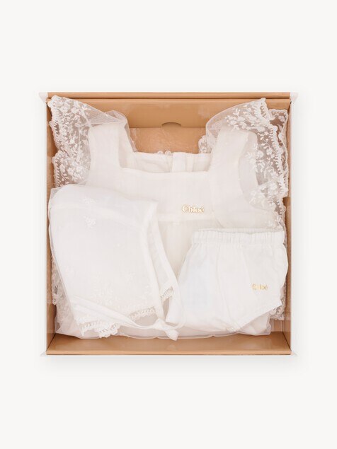Baby ceremony dress, bonnet & bloomers gift set