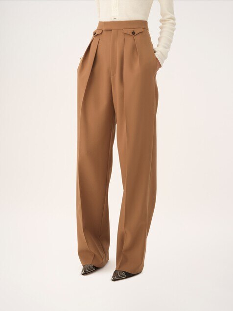 High-rise gathered trousers in wool gabardine