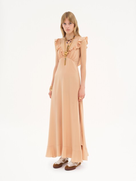 Long sun dress in cr&ecirc;pe de chine