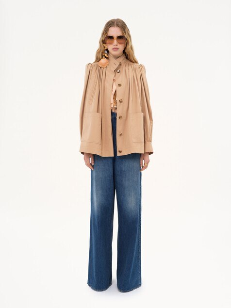 Veste col montant fronc&eacute;e en gabardine de coton