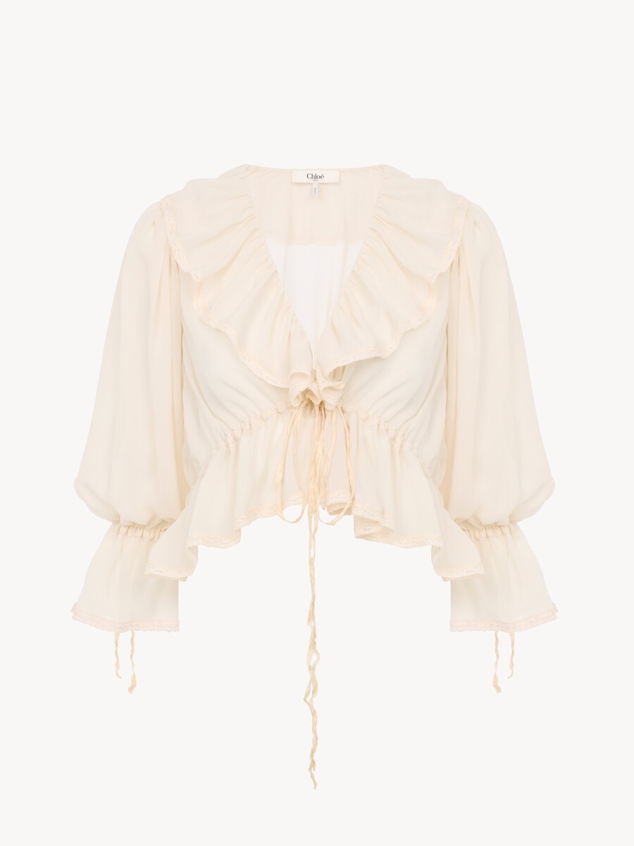 Cropped V-neck ruffle top in silk georgette & lace - 2