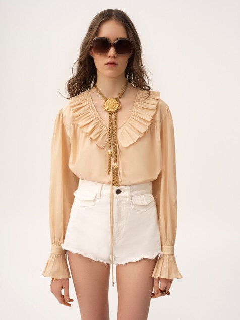 Gathered ruffle top in cotton voile