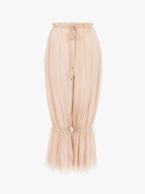 Fluid cropped trousers in washed silk pong&eacute; & lace