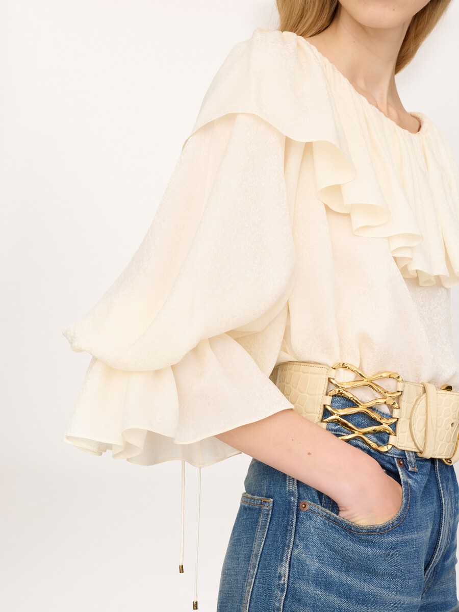 Fluid ruffle top in silk jacquard - 4