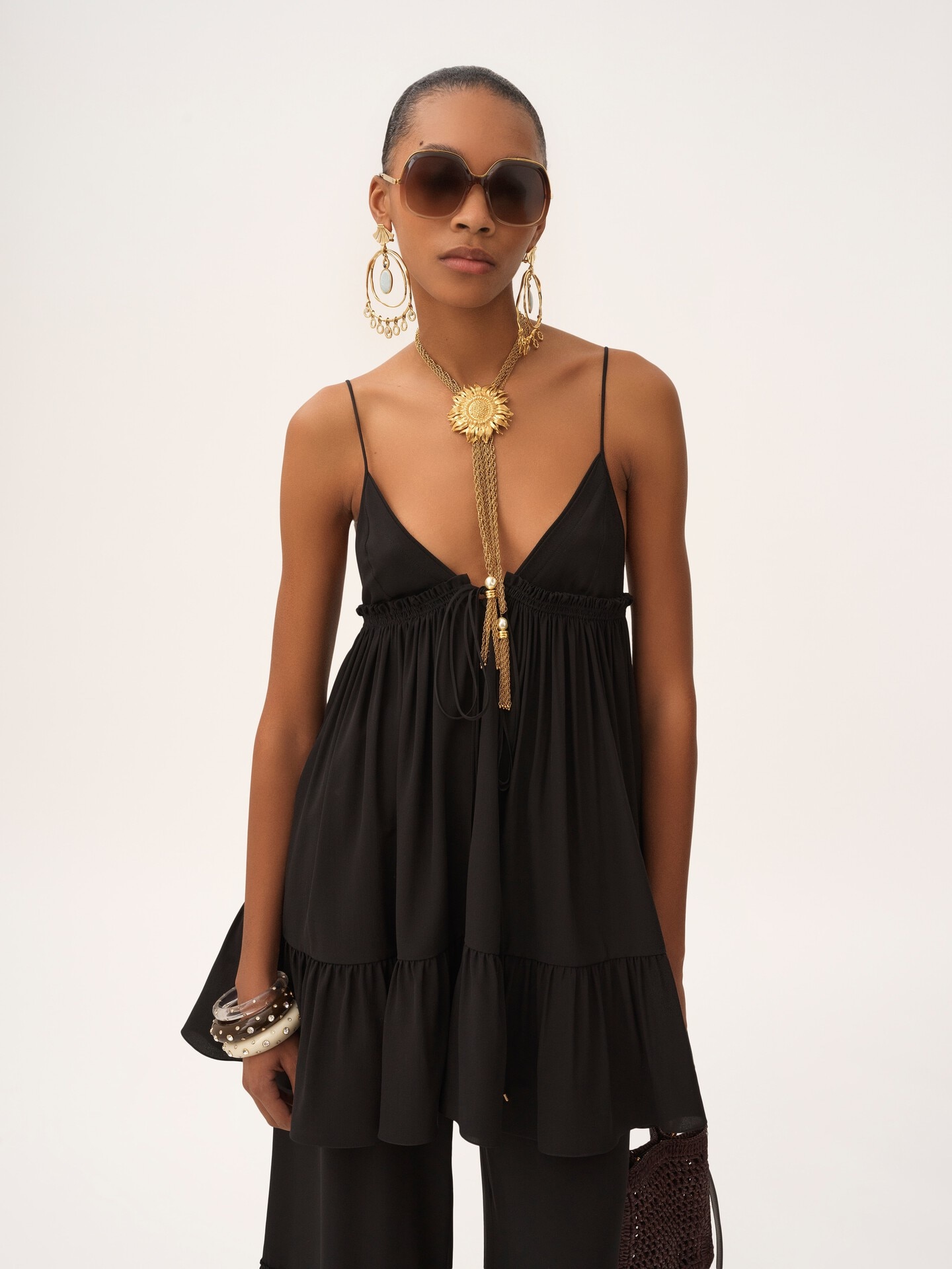 Thin-strap gathered mini dress in cr&ecirc;pe de chine - 5