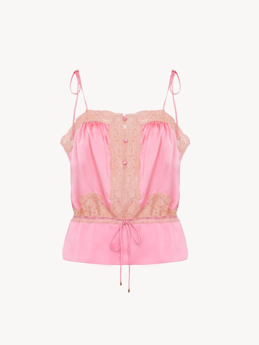Drawstring camisole top in washed silk satin & lace - 2