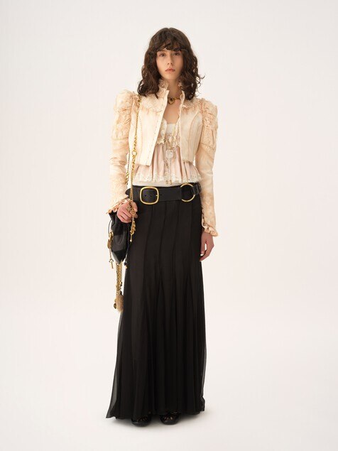 Cropped fitted jacket in silk duchess satin & lace