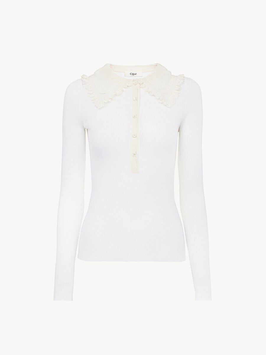 Pull henley &agrave; col en maille de laine extrafine et dentelle - 2
