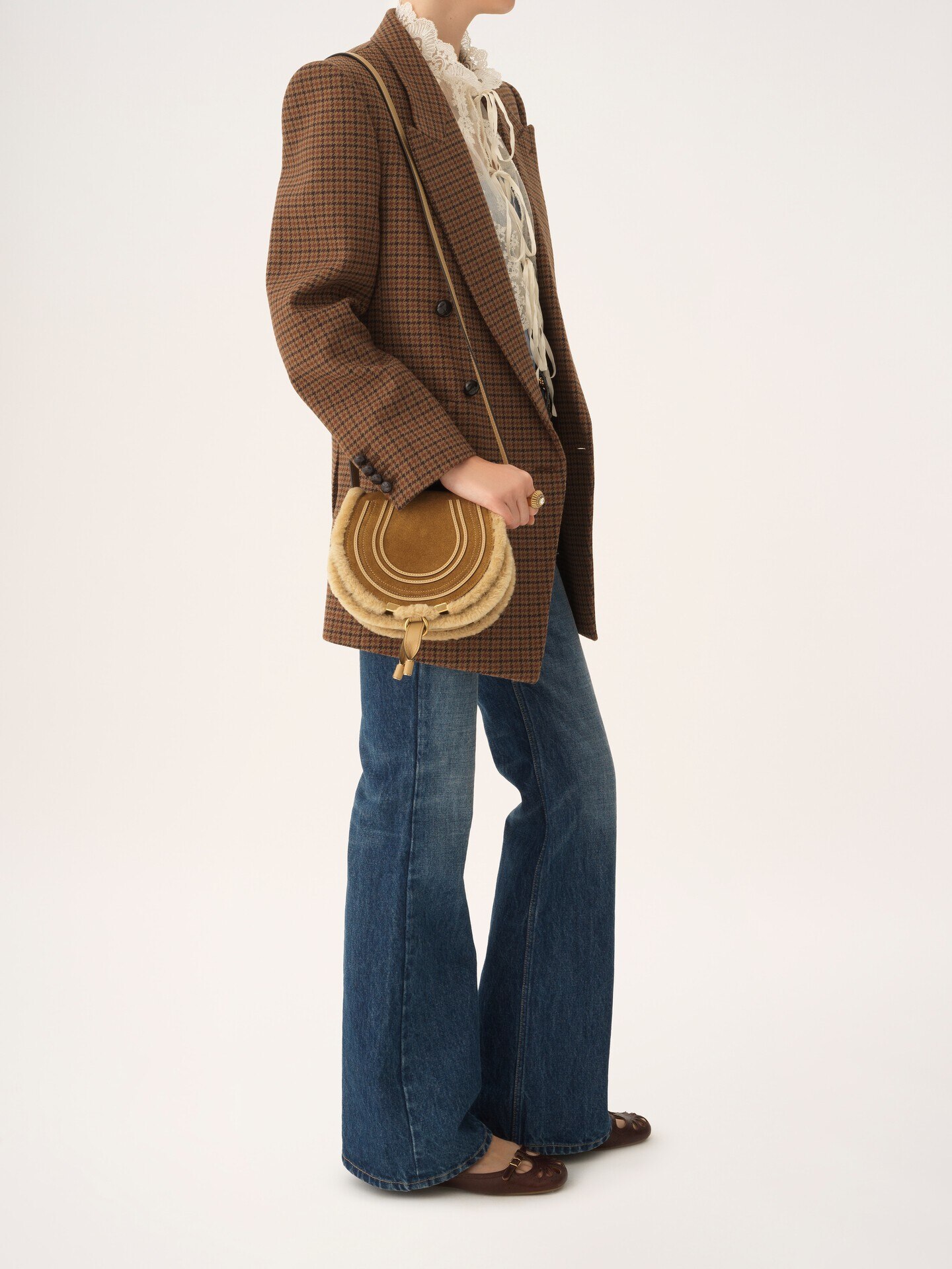 Small Marcie saddle bag in suede leather & shearling - 7.0