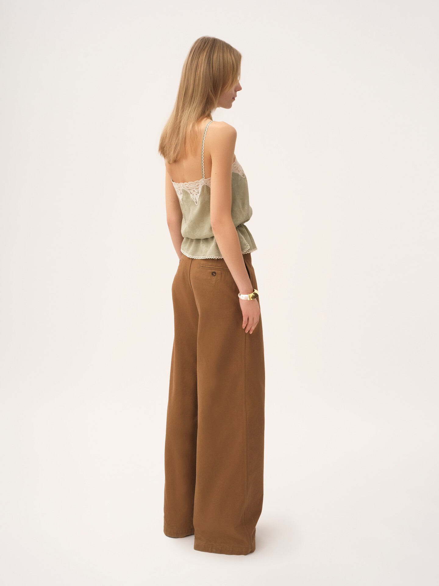 Pantalon taille haute large en toile de coton - 7