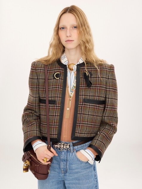Veste courte droite sans col en laine &agrave; carreaux