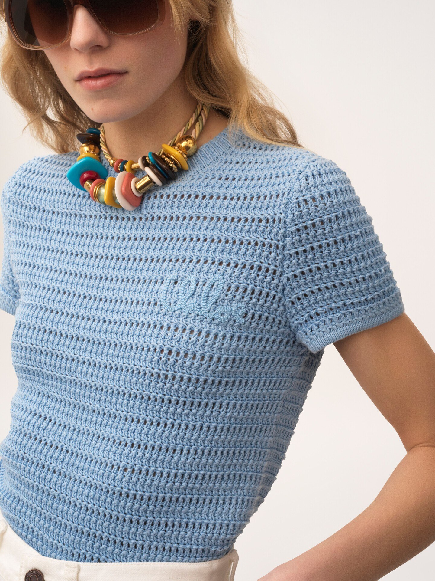 Crew-neck logo top in cotton crochet knit - 6