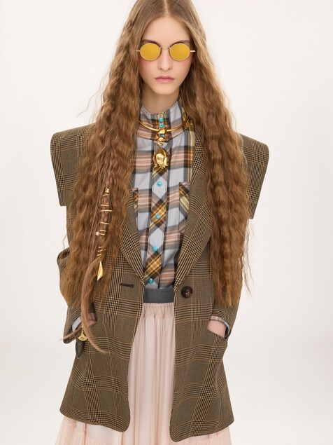 Veste blazer droite en laine prince-de-galles